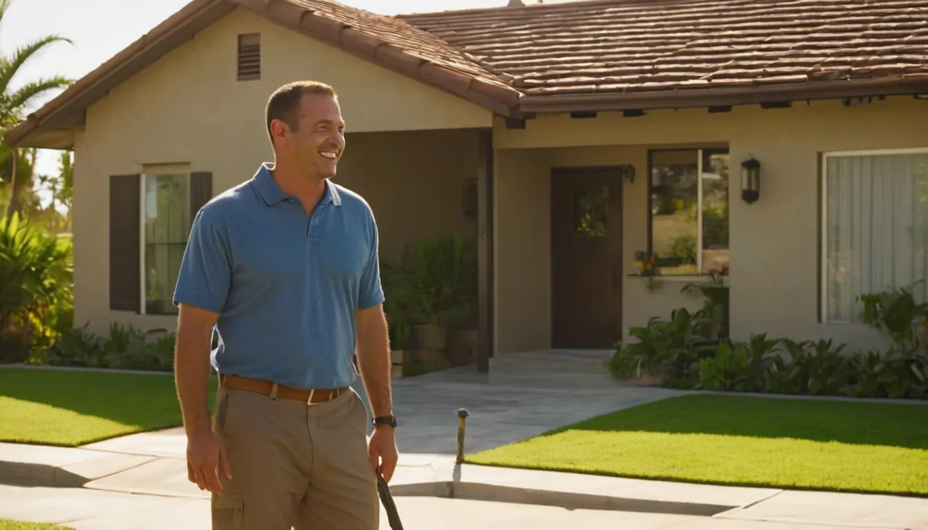 A friendly septic provider talking with a homeowner in Coral Gables beside a tidy front yard